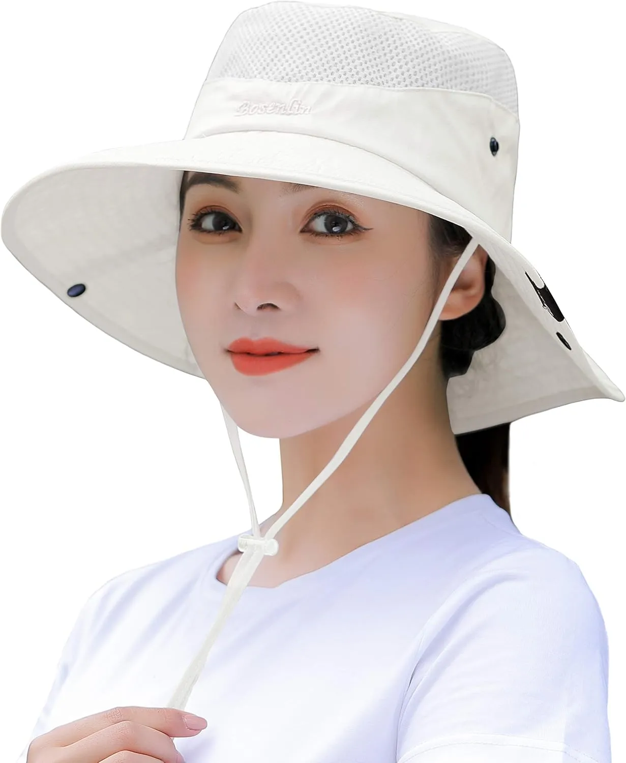 Womens Ponytail Sun Hat Summer Wide Brim Outdoor UV Protection Mesh Bucket Cap for Beach Fishing Gardening