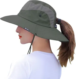 Womens Ponytail Sun Hat Summer Wide Brim Outdoor UV Protection Mesh Bucket Cap for Beach Fishing Gardening