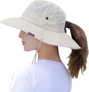 Womens Ponytail Sun Hat Summer Wide Brim Outdoor UV Protection Mesh Bucket Cap for Beach Fishing Gardening