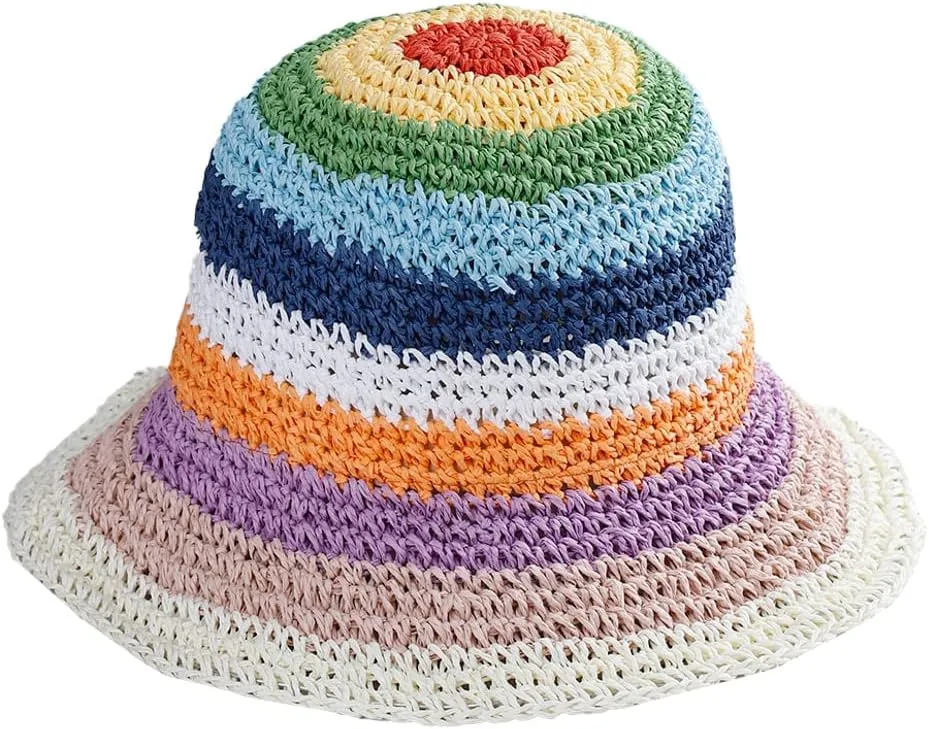Womens Straw Sun Hat Floral Woven Bucket Hat Fishing Hat Beach Hat Hand Woven Foldable Cap