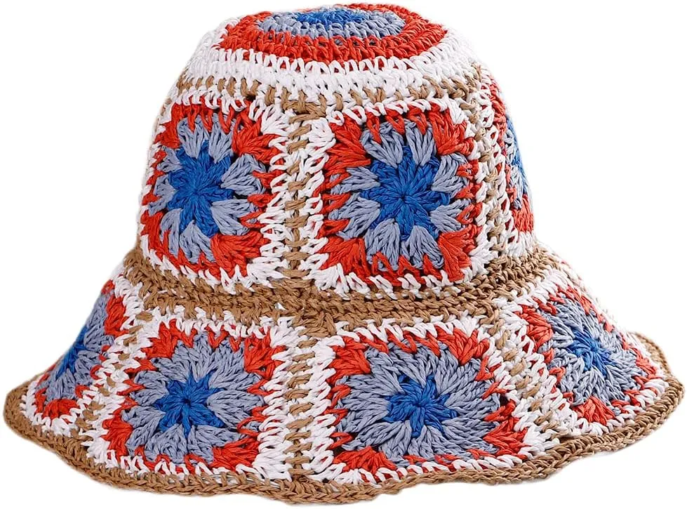Womens Straw Sun Hat Floral Woven Bucket Hat Fishing Hat Beach Hat Hand Woven Foldable Cap