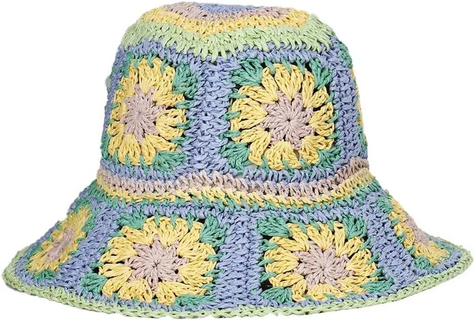 Womens Straw Sun Hat Floral Woven Bucket Hat Fishing Hat Beach Hat Hand Woven Foldable Cap