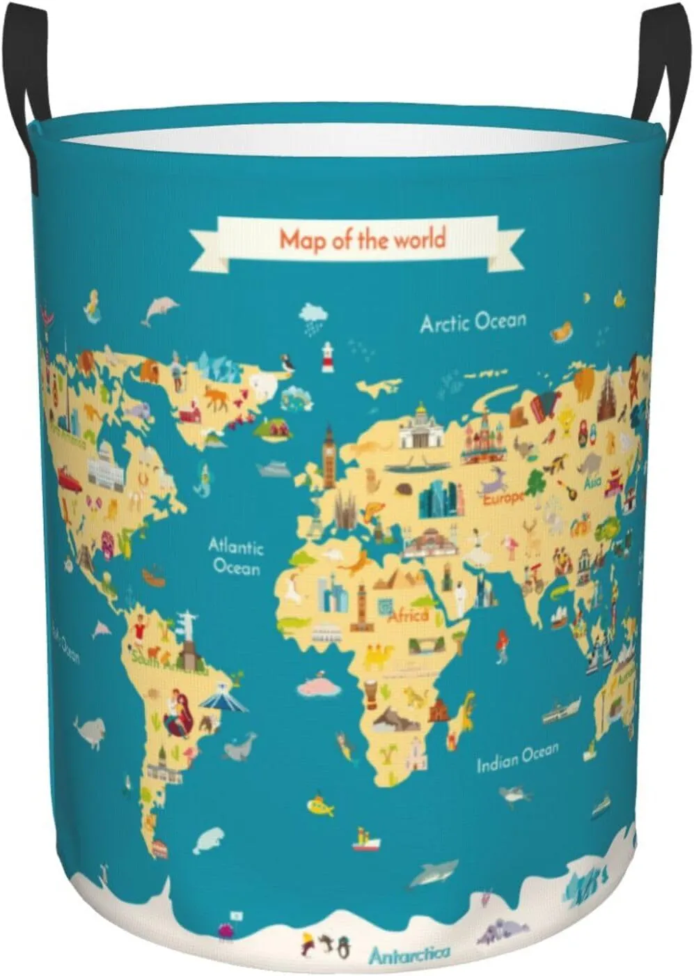 World Map with Landmarks Waterproof Foldable Laundry Hamper Bucket Laundry Room Basket for College Student Storage Pillows Blankets Living Room Bathroom Home Decor