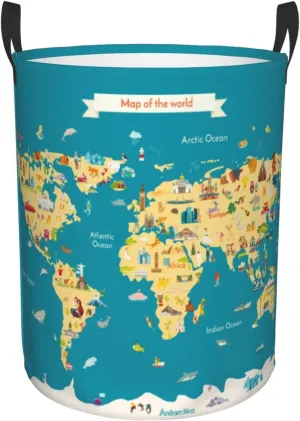World Map with Landmarks Waterproof Foldable Laundry Hamper Bucket Laundry Room Basket for College Student Storage Pillows Blankets Living Room Bathroom Home Decor
