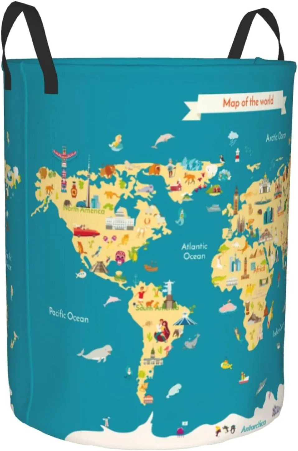 World Map with Landmarks Waterproof Foldable Laundry Hamper Bucket Laundry Room Basket for College Student Storage Pillows Blankets Living Room Bathroom Home Decor