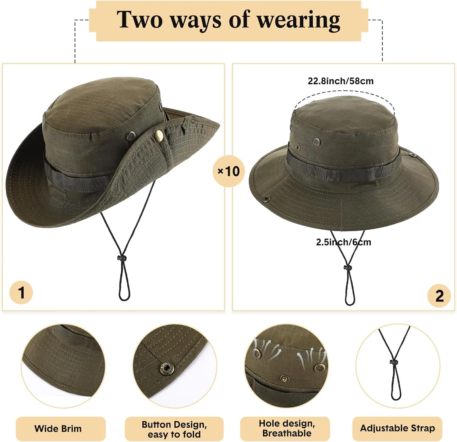 Xtinmee 10 Pieces Bucket Hat Bulk Wide Brim Boonie Hiking Fishing Safari Hat with Chin Strap for Women Men Adult Summer