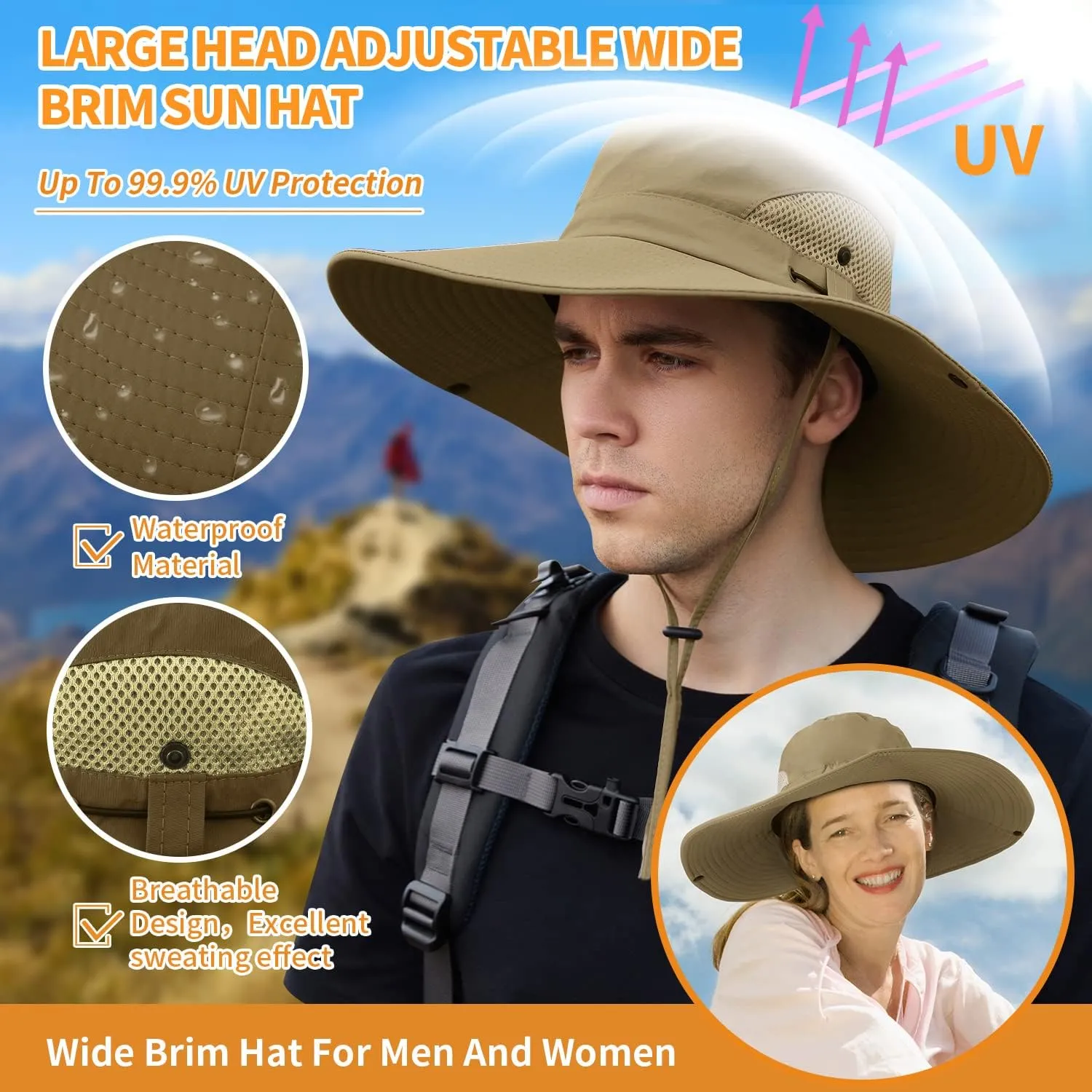 【XXL Oversize &Wide Brim】 Sun Hats for Men【UPF 50  & Waterproof】 Fishing-Hat Boonie Bucket for Hiking Safari Beach Garden