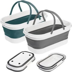 Yesland 2 Pack Collapsible Plastic Bucket with Wheels, 12L (3.17 Gallon) Foldable Rectangular Mop Bucket, Portable Water Pail with Handle for House Cleaning, Car Washing, Fishing, Camping, Gray & Blue