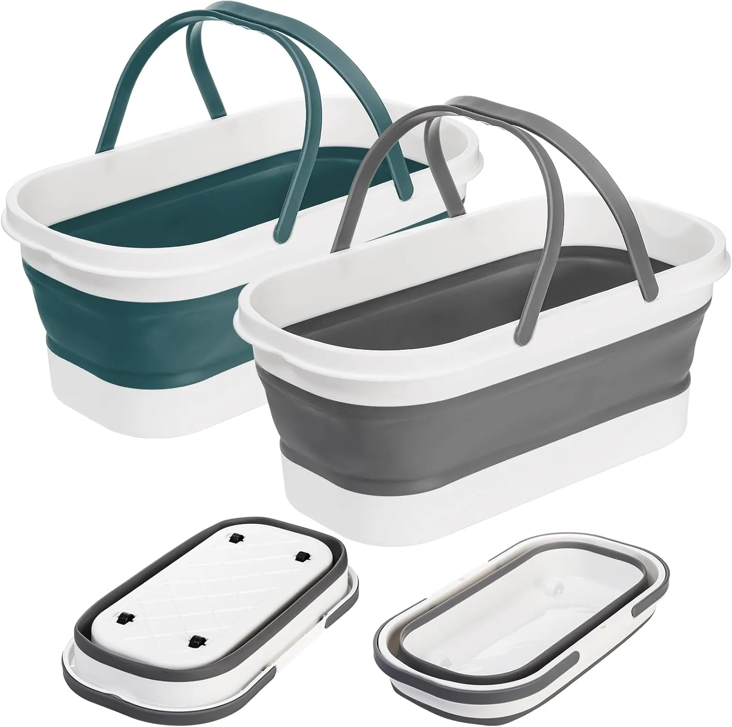 Yesland 2 Pack Collapsible Plastic Bucket with Wheels, 12L (3.17 Gallon) Foldable Rectangular Mop Bucket, Portable Water Pail with Handle for House Cleaning, Car Washing, Fishing, Camping, Gray & Blue