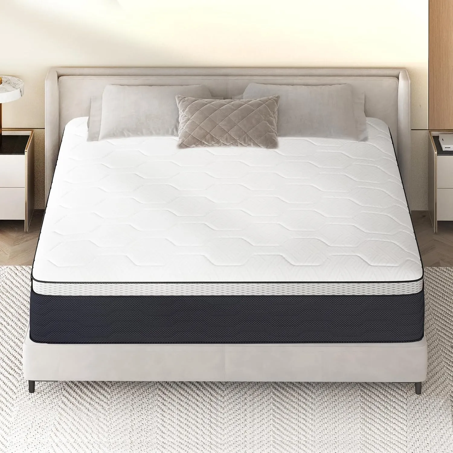 Z-hom Twin Mattress 14 Inch, Twin Size Spring Gel Memory Foam Mattress, Medium Firm Mattresses in a Box, Hybrid Coil Innerspring for Adjustable Bed Frame, White Grey