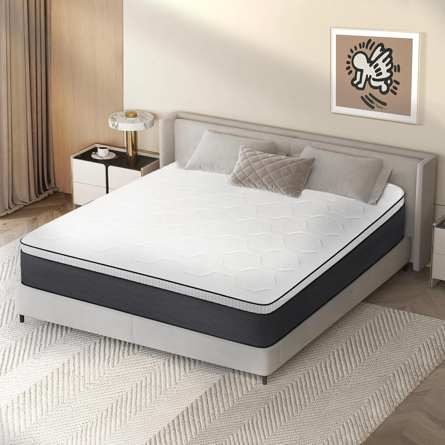 Z-hom Twin Mattress 14 Inch, Twin Size Spring Gel Memory Foam Mattress, Medium Firm Mattresses in a Box, Hybrid Coil Innerspring for Adjustable Bed Frame, White Grey
