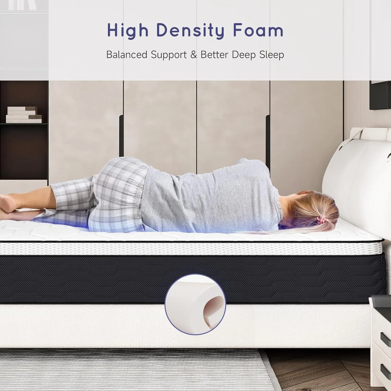 Z-hom Twin Mattress 14 Inch, Twin Size Spring Gel Memory Foam Mattress, Medium Firm Mattresses in a Box, Hybrid Coil Innerspring for Adjustable Bed Frame, White Grey