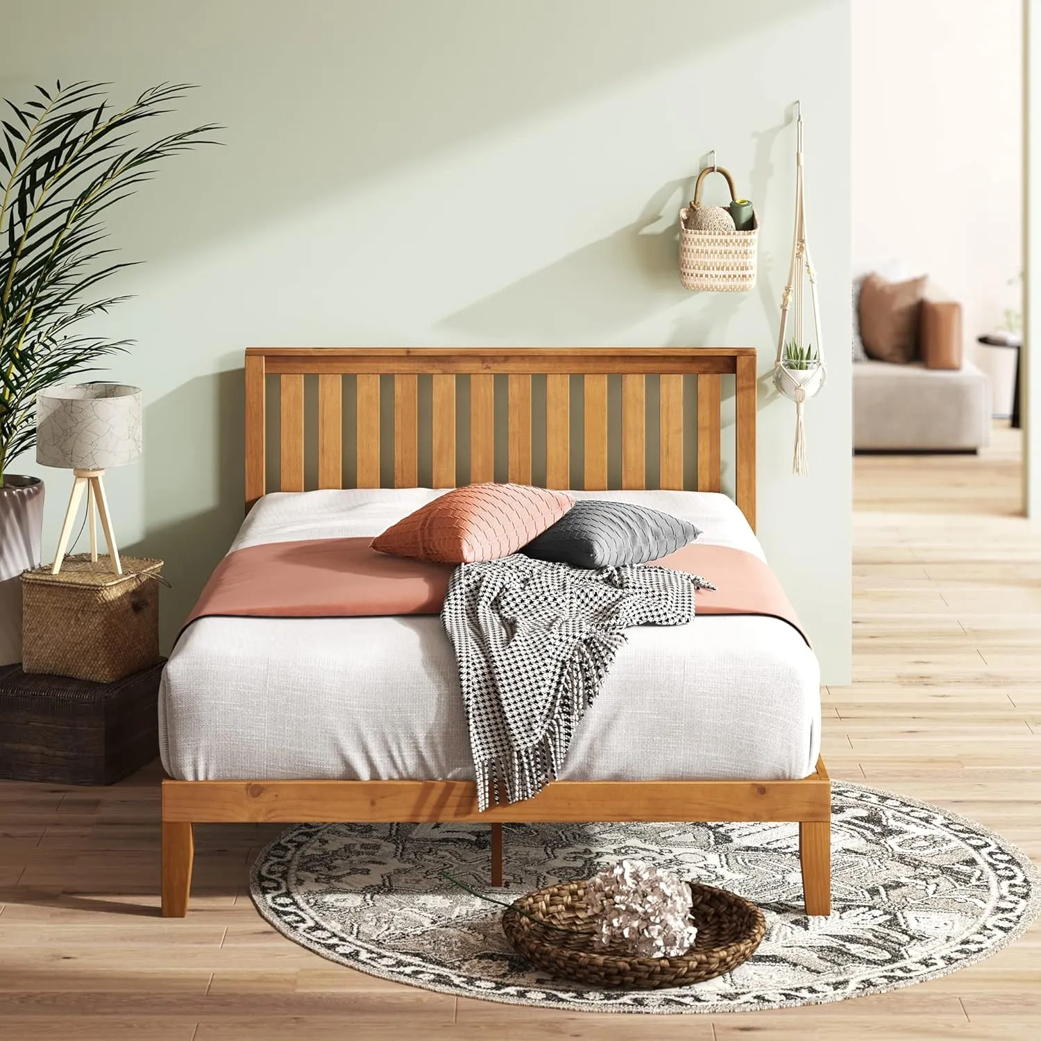 Zinus 12 Inch Solid Wood Platform Bed with Headboard/No Box Spring Needed/Wood Slat Support/Rustic Pine Finish, Queen