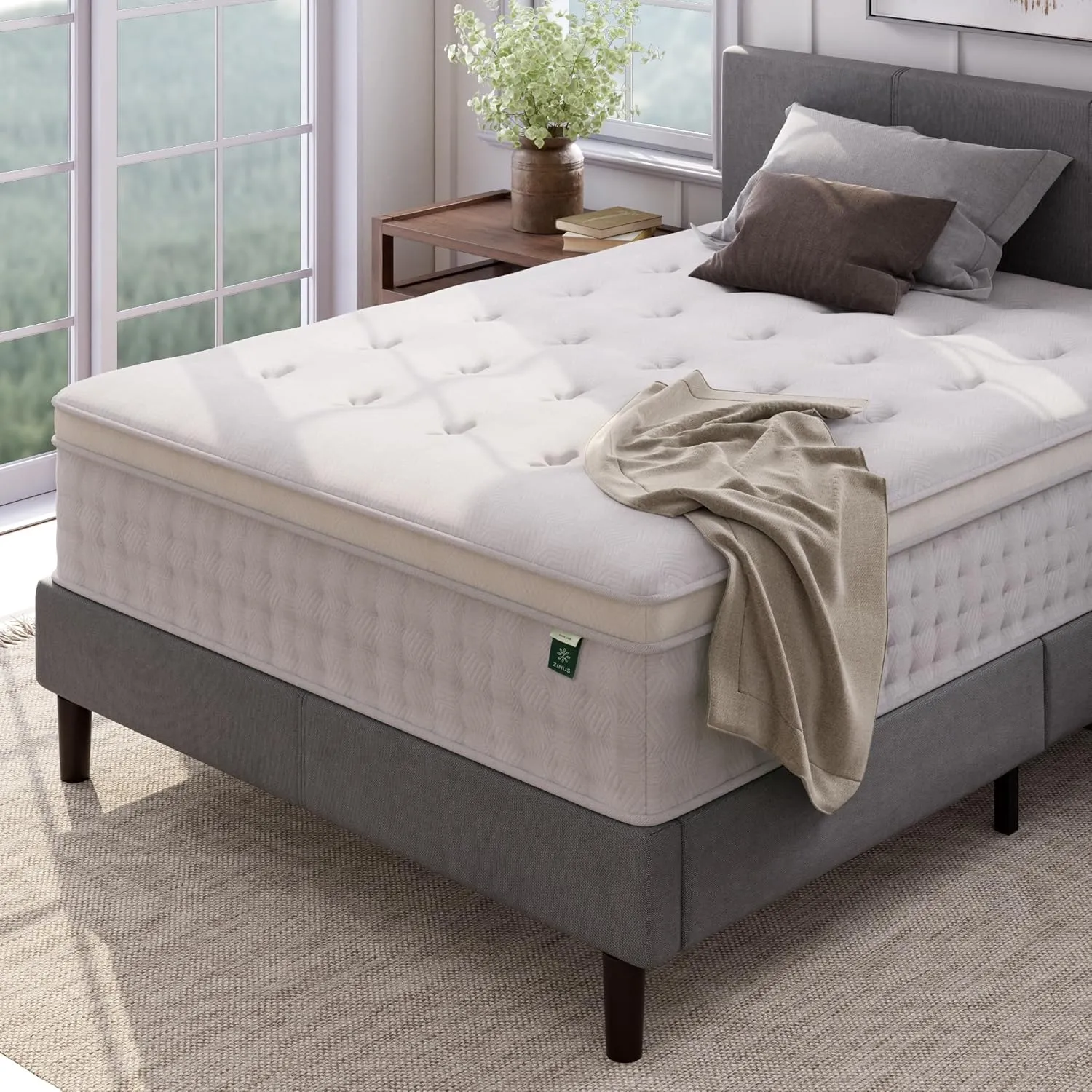 ZINUS 13 Inch Euro Top Pocket Spring Hybrid Mattress, Queen, Pressure Relief, Pocket Innersprings for Motion Isolation, Mattress in A Box