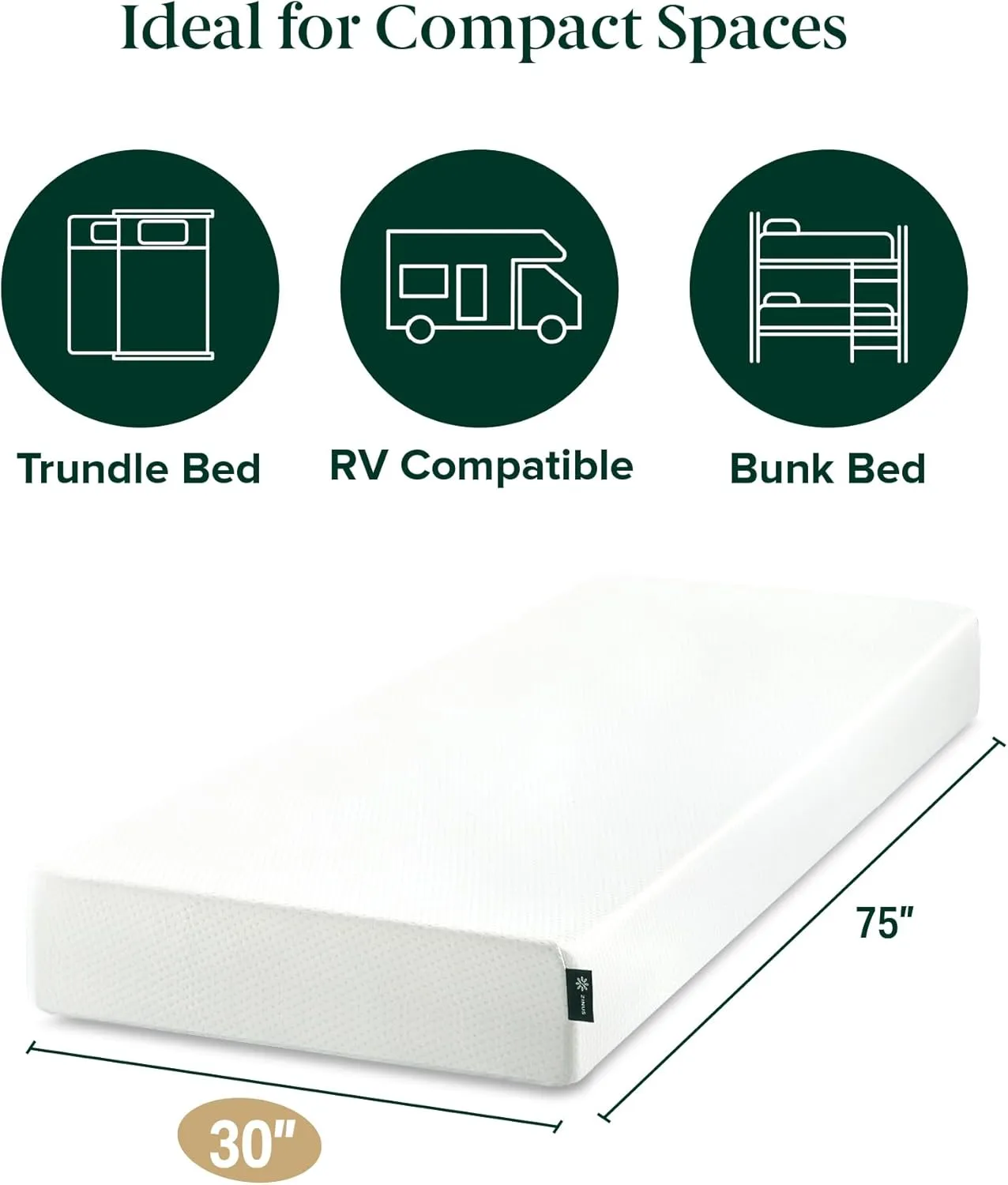 ZINUS 6 Inch Green Tea Memory Foam Mattress, 75” x 30” (Slim Fit), Trundle & Bunk Bed, Day Bed, RV Compatible, Medium Firm, Pressure Relief, Fiberglass Free, CertiPUR-US Certified, Mattress in a Box