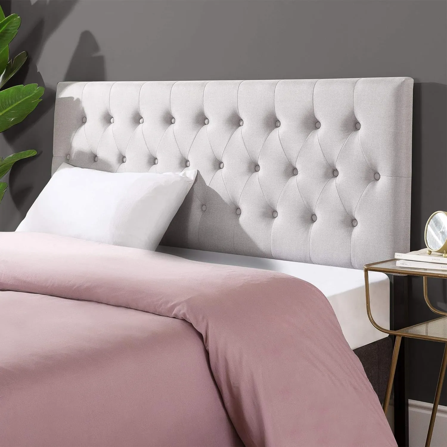 ZINUS Trina Upholstered Headboard, Button Tufted Upholstery, Adjustable Height, Easy Assembly, Light Grey, Queen
