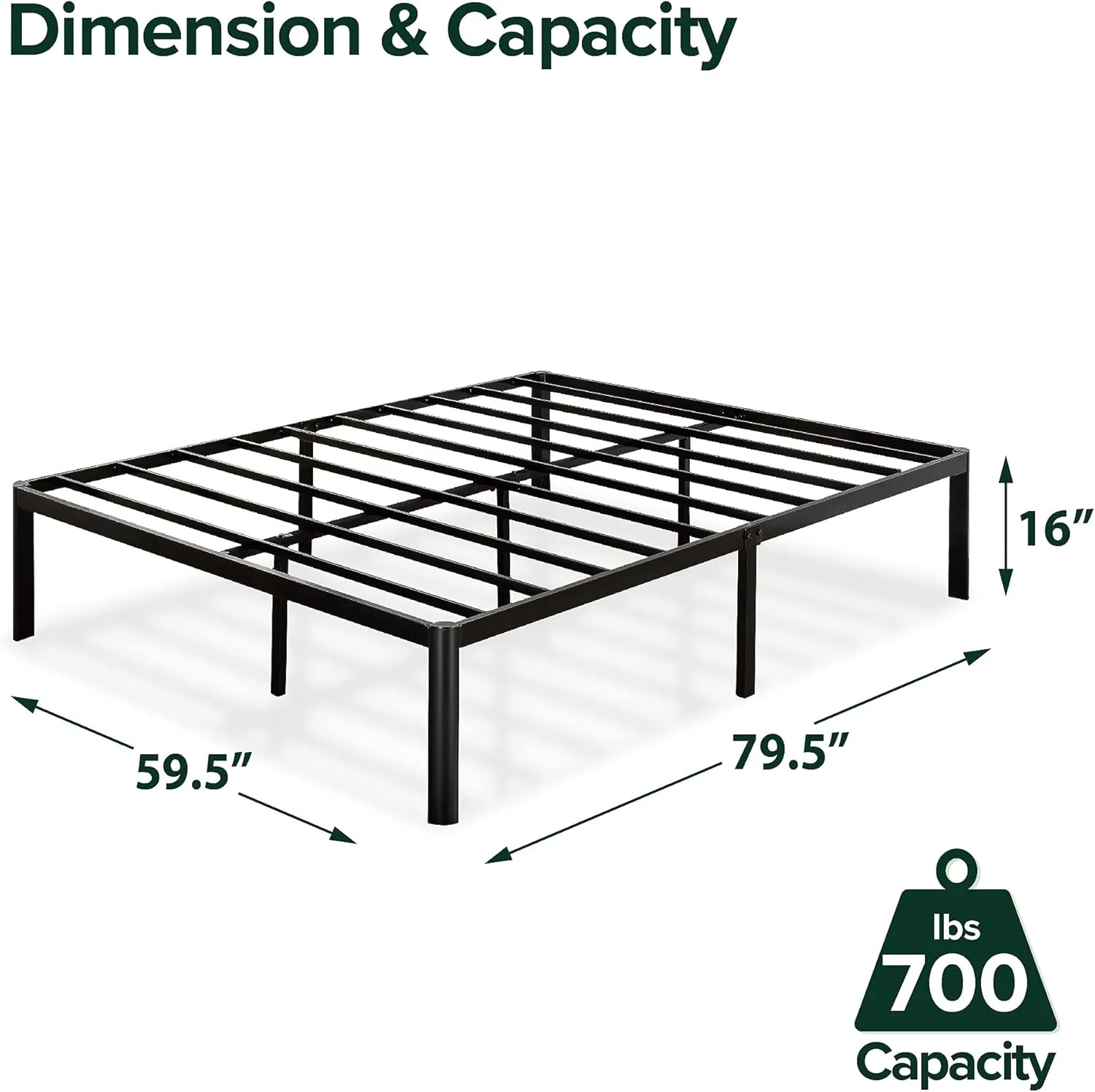ZINUS Van 16 Inch Metal Platform Bed Frame, Steel Slat Support, No Box Spring Needed, Easy Assembly, Black, Queen