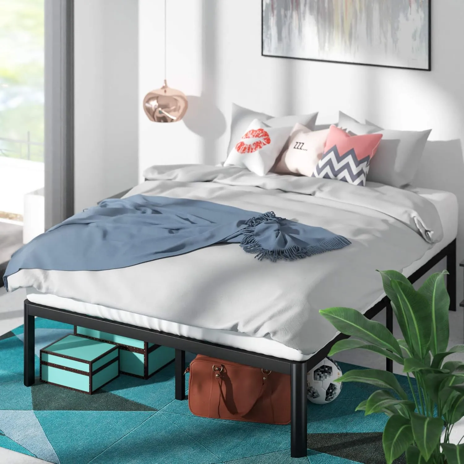 ZINUS Van 16 Inch Metal Platform Bed Frame, Steel Slat Support, No Box Spring Needed, Easy Assembly, Black, Queen