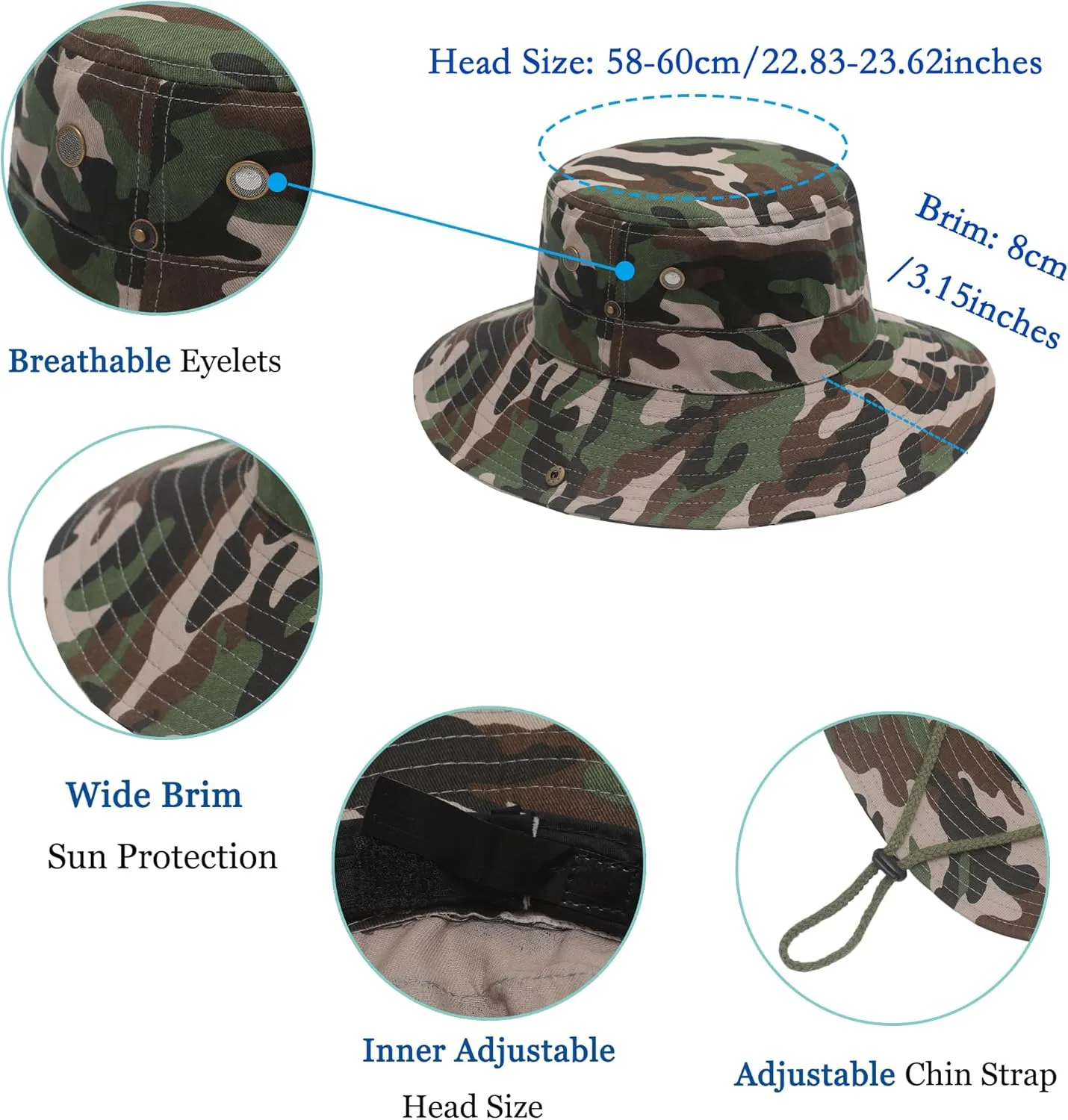ZLYC Mens Waterproof Camo Sun Hat Wide Brim Packable Outdoor Mesh Fishing Bucket Hats