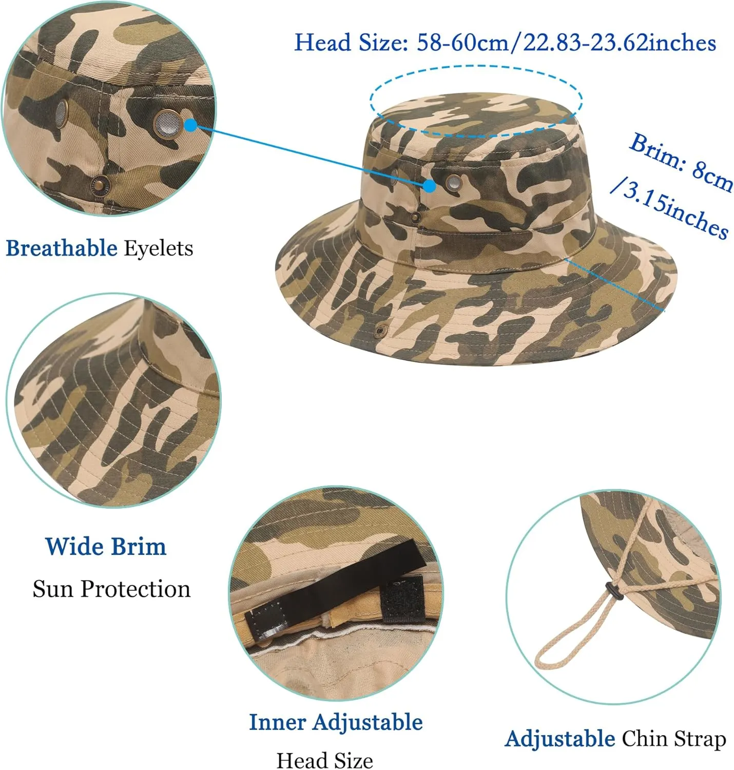 ZLYC Mens Waterproof Camo Sun Hat Wide Brim Packable Outdoor Mesh Fishing Bucket Hats