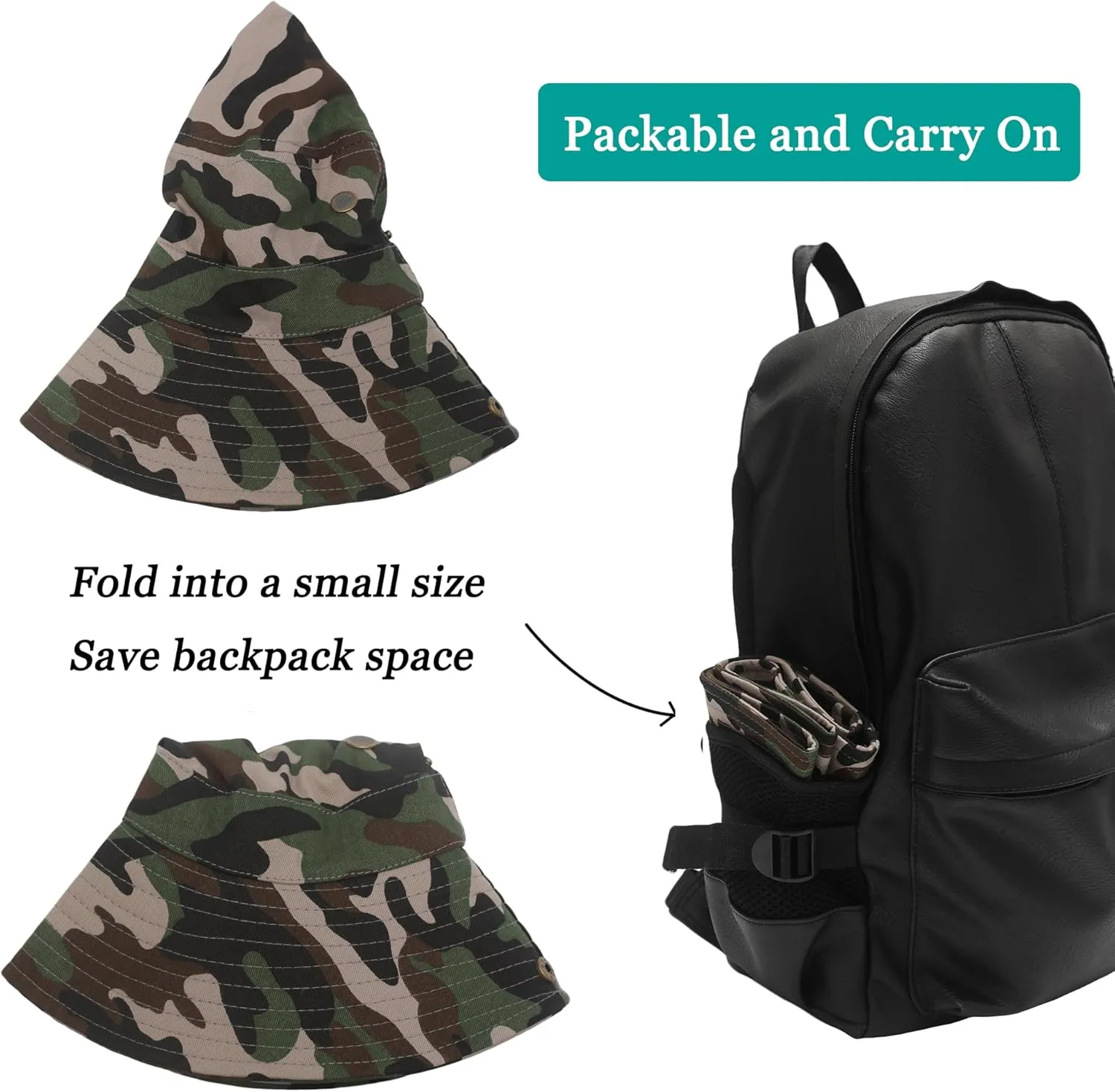 ZLYC Mens Waterproof Camo Sun Hat Wide Brim Packable Outdoor Mesh Fishing Bucket Hats